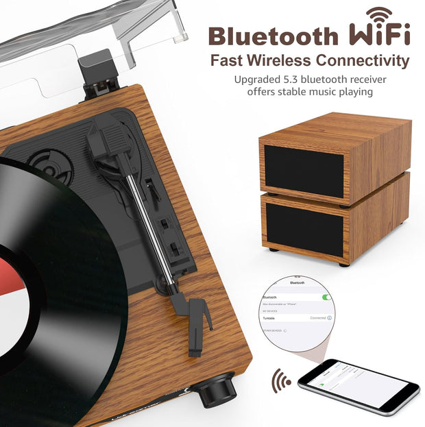 Platenspeler - Geïntegreerde Luidsprekers - Vintage Fonograaf - met Bluetooth 5.3 Ondersteunt - 2 Dubbele Stereoluidsprekers - 3 Snelheden - AUX - RCA - USB - Draadloos Afspelen - Hout - Goud