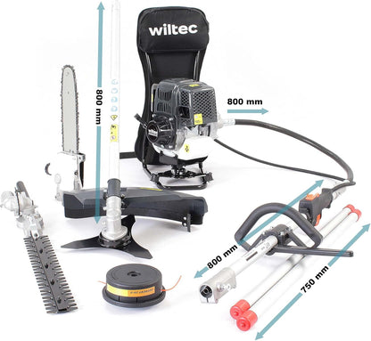 Wiltec 4-in-1 multitool voor tuinonderhoud met 4-takt motor incl. verlengstuk o.a. heggenschaar, snoeischaar