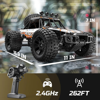 DEERC afstandsbedieningsauto op schaal 1:10 voor volwassenen en jongens, 48 km/u 4x4 RC monstertruck met verlichting, 2 batterijen voor 30 minuten speelplezier, 2,4 GHz terreinwagen RC