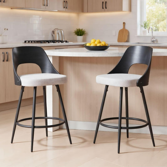 Barkrukken – Krukken – Barstoelen – Keukenstoelen – Barkruk Set Grijs – Linnen Bekleding – Houten Rugleuning – Comfortabele Schuimzitting – Matzwarte Metalen Poten - QUORE