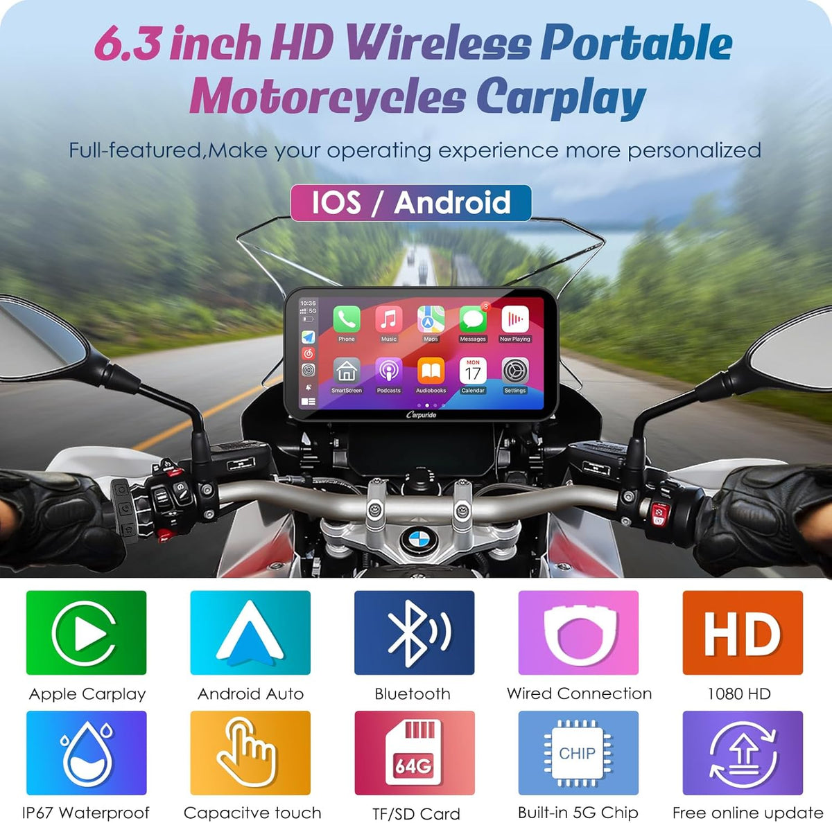 Carpuride W603B voor BMW R1200GS R1250GS S1000XR Motorfiets Carplay Scherm Waterdicht 6.3 Inch Touchscreen GPS Navigatie Carplay/Android Auto Draagbare voor Motorfiets