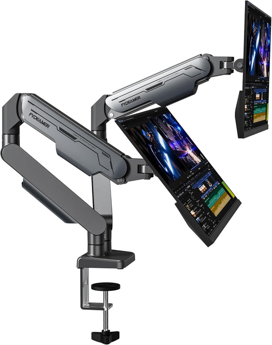 Fydeamer Dubbele monitorarm, zware gasveerbevestiging voor schermen van 17-32 inch tot 9 kg, volledig beweegbare bureausteun met VESA 75 x 75/100 x 100 mm compatibiliteit, donkergrijs