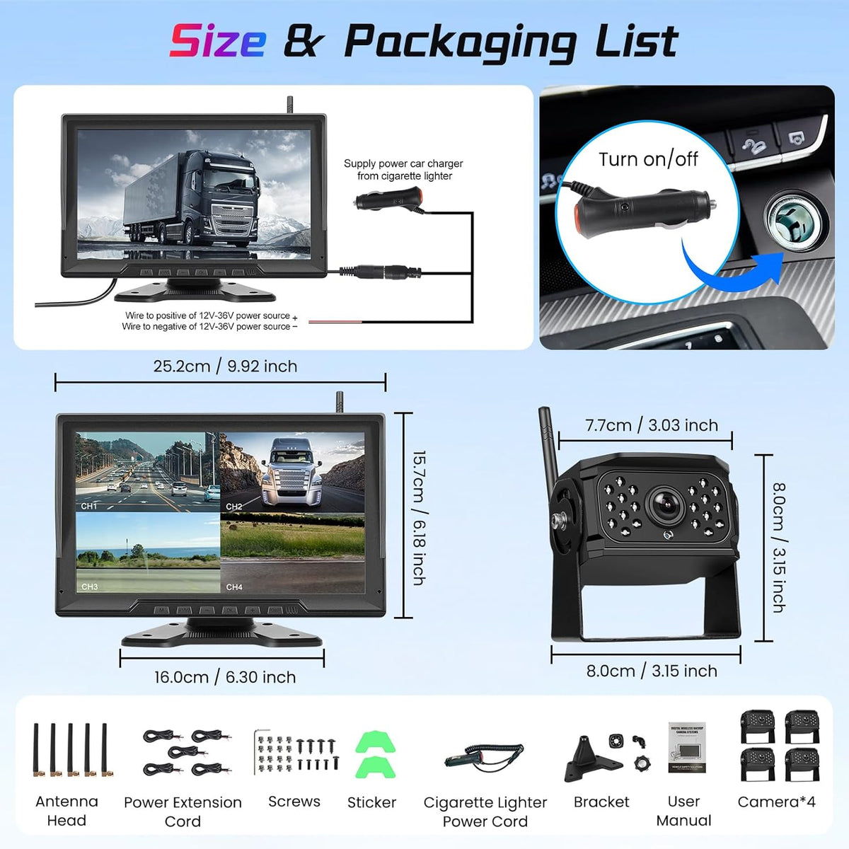 Draadloze achteruitrijcameraset, 10,1 inch touchscreen, 4 achteruitrijcamera's met DVR-opname, nachtzicht, BSD, waterdicht IP68, super groothoek voor vrachtwagens, aanhangers, bestelwagens en bussen