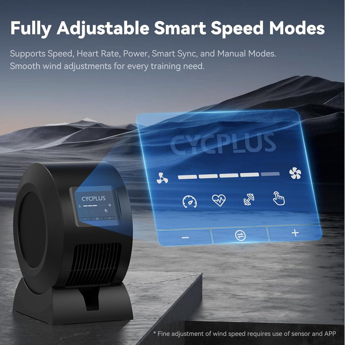 CYCPLUS Slimme indoor fietsventilator, BLDC motoraandrijving, 5 snelheidsmodi met afstandsbediening en app-bediening, geluidsarme Bluetooth/ANT+-ventilator voor indoor fietstrainers, stationaire