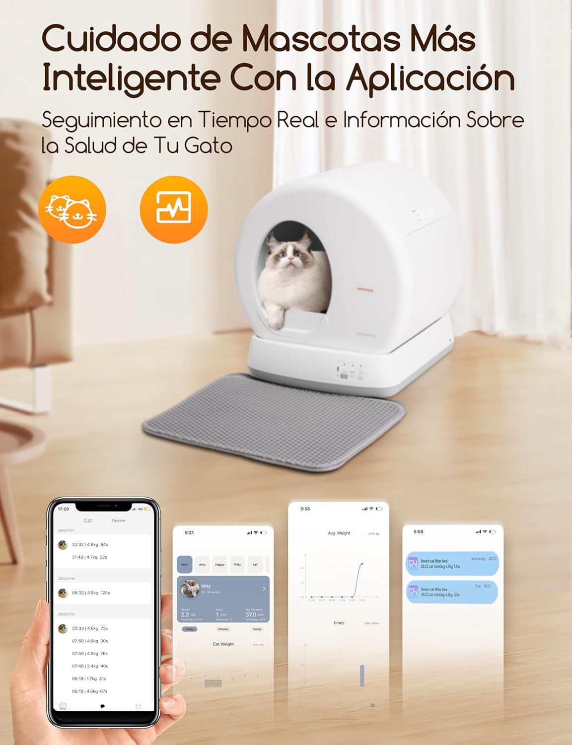 MeoWant Zelfreinigend kattentoilet, automatisch kattentoilet, anti-knikken, gesloten kattenbak voor grote en meerdere katten, app-bediening, robotstrooisel, geurloos, met mat