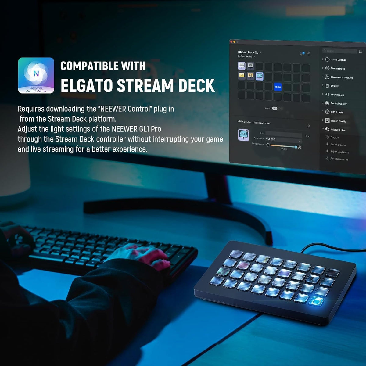 NEEWER 15,5 inch Streaming Light Key Light, CRI97+ klem voor fotoverlichting op led-paneel, 2,4 GHz PC/Mac iOS/Android APP Control, compatibel met Elgato Stream Deck voor video, GL1 Pro, zwart