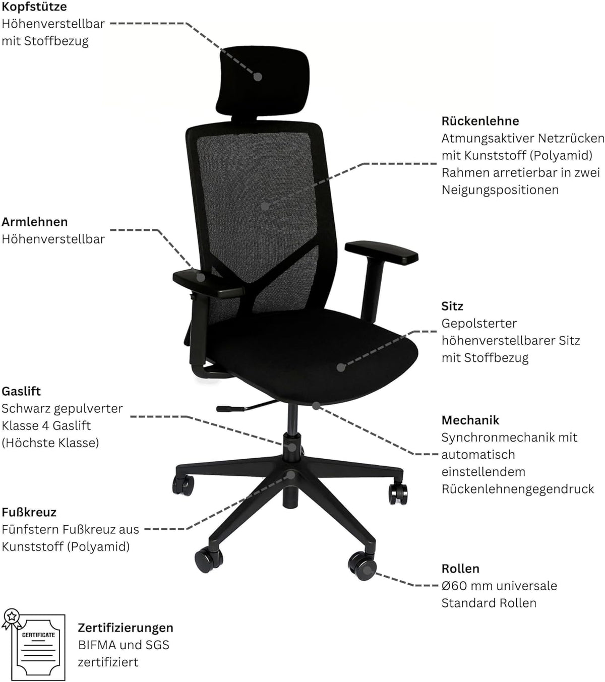 Bureaustoel – Ergonomische Bureaustoel – Draaistoel – Computerstoel – Netwerkstoel – Synchroonmechanisme – In Hoogte Verstelbare Hoofdsteun – Ademend Mesh Rugleuning