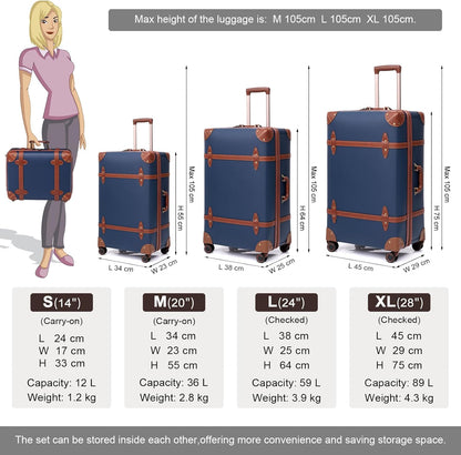 Urecity Vintage reiskofferset, 4-delig, licht, retro, lederen koffer, harde schaal, trolley, handbagage, sets met TSA-slot en 8 wielen (S-M-L-XL), blauw, Kofferset