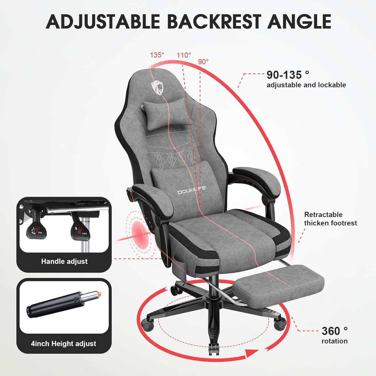 Douxlife Gamingstoel, stof met massage, verbreed zitkussen met pocketveren, ergonomische bureaustoel, pc-gamerstoel met voetensteun en metalen poten, 158 kg belastbaarheid, lichtgrijs