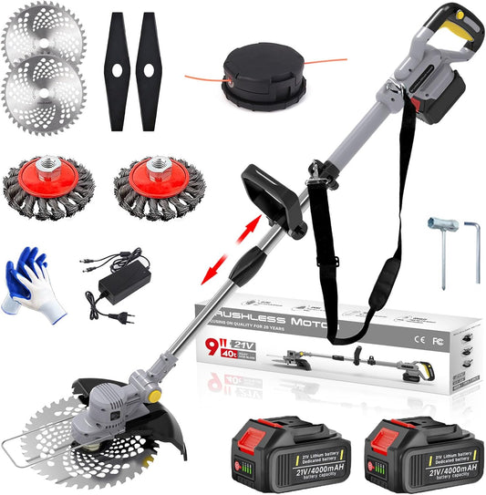 21 V draadloze grastrimmer, 4-in-1 accu-bosmaaier, met 2 accu's 4,0 Ah, onkruidborstel, verstelbare handgreep, 90° draaibare kop, snijdiameter: 25 cm, voor tuin snoeien