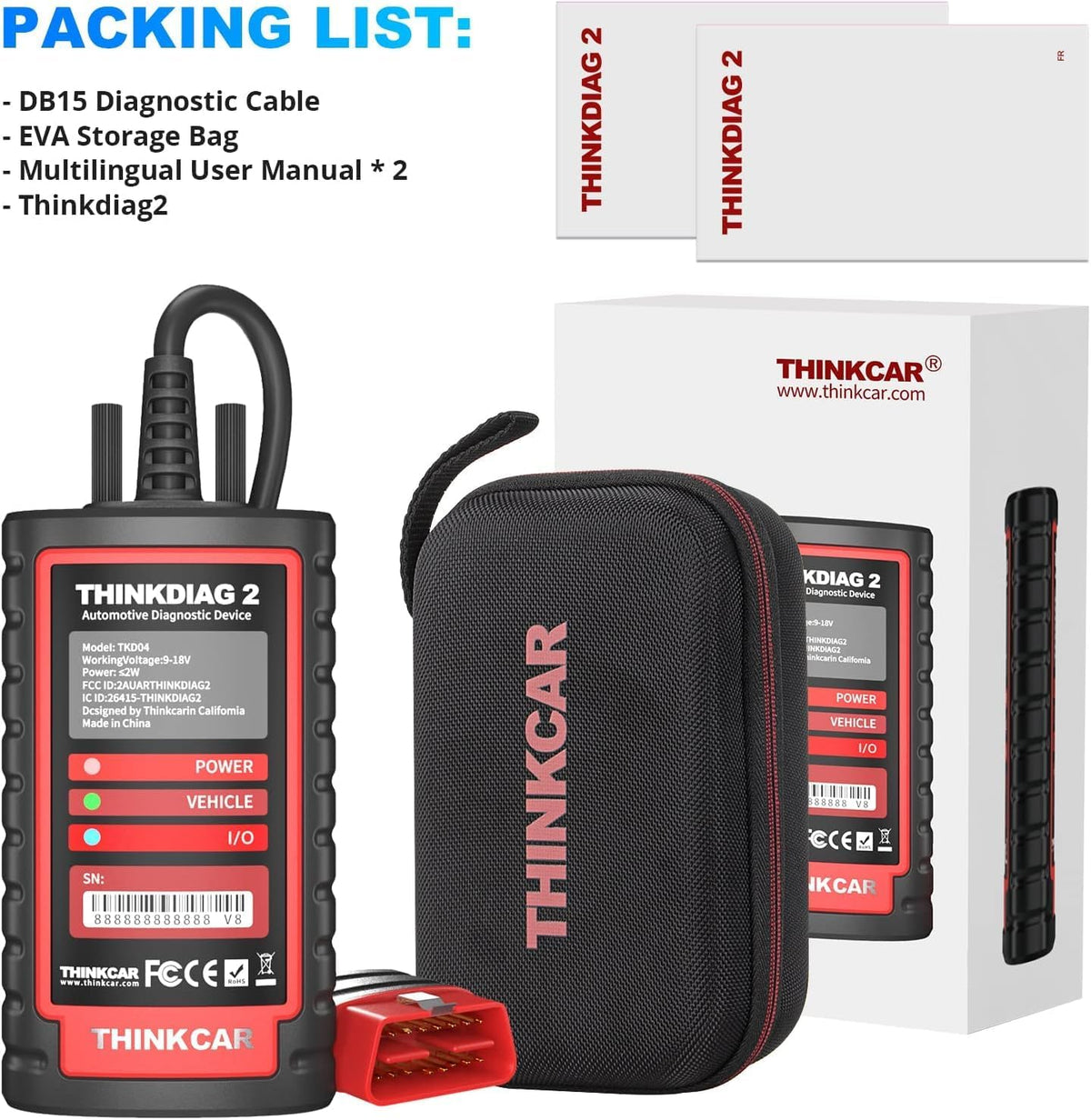 thinkcar ThinkDiag 2 OBD2 diagnosekoffer, Franse diagnosefuncties met 15 resets voor complete systemen, OBD2-autodiagnose, Bluetooth 5.0 ondersteuning CAN-FD-protocol