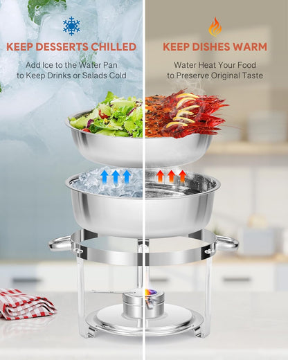 Wilprep Chafing dish rond met glazen deksel, Buffet set van 4, RVS voedselwarmer kit 5,5 liter, Bain Marie met brandpasta houder, voor partijen buffetten banketten diners