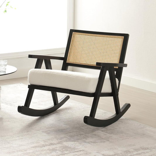 Chairus Upholstered Rocking Chair Living Room Relax Chair Faux Fur Rattan Backrest Rocking Chair Solid Wood Legs for Bedroom (Black)