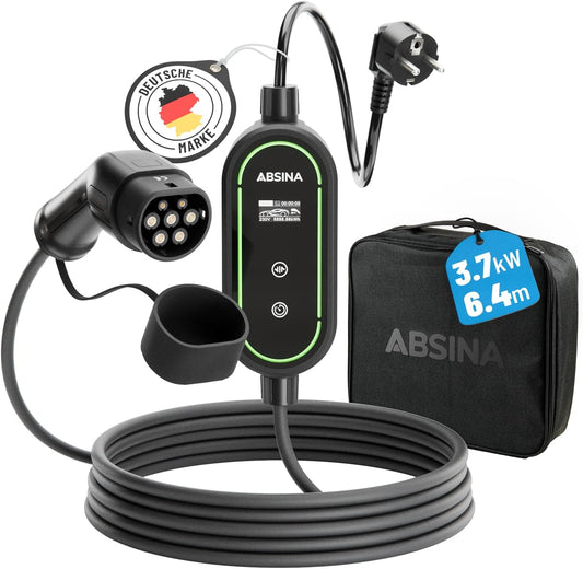 ABSINA Type 2 oplaadkabel Schuko met instelbaar laadvermogen - ICCB oplaadkabel 3,7 kW 16 A 1-fase IP67 met 6,40 m kabel - oplaadkabel Schuko naar type 2 voor i3, e-Up, ID.3, ID.4, Zoe, fortwo, Kona
