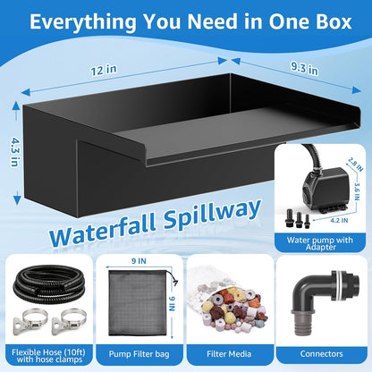 Watervalkit voor Vijver 30 cm: Set met Watervaluitloop in RVS 304, Pomp 2500 L/h, Vorstbestendige Slang 3 m en Kabel 5 m – Complete Fonteinkit