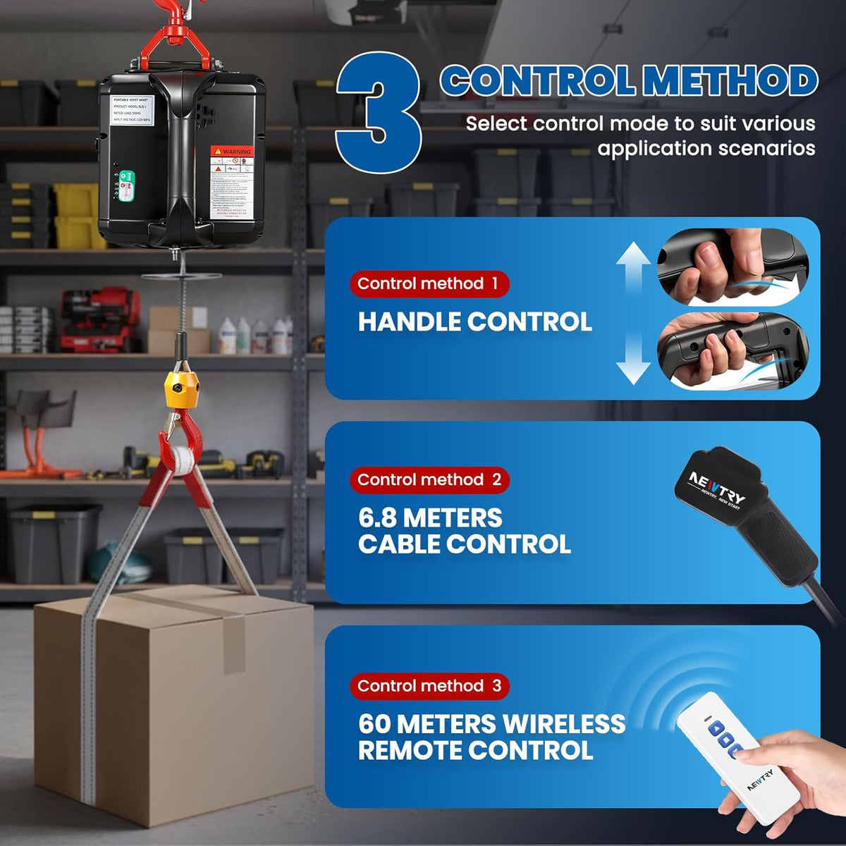 NEWTRY 3 in 1 Elektrische Hijstoestel Lift Kraan 500 KG/1500 LB Draadloze Afstandsbediening 7.6 m/25ft 1500 W Elektrische Lier Overhead Lift met Overbelasting Bescherming (Load 500 KG)