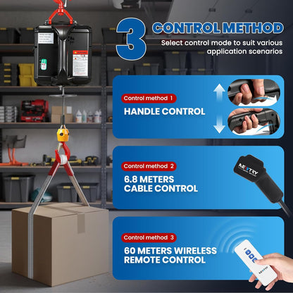 NEWTRY 3 in 1 Elektrische Hijstoestel Lift Kraan 500 KG/1500 LB Draadloze Afstandsbediening 7.6 m/25ft 1500 W Elektrische Lier Overhead Lift met Overbelasting Bescherming (Load 500 KG)