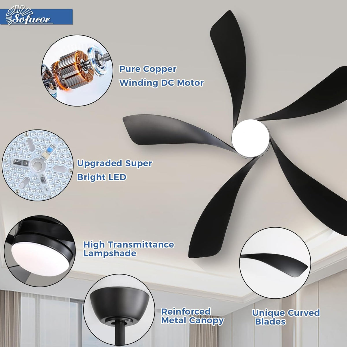 Sofucor Plafondventilator met verlichting en afstandsbediening, DC, 132 cm, 5 vleugels, timer, 3 kleurtemperaturen, 6 snelheden, zomer, winterwerking, stille plafondventilator met licht voor