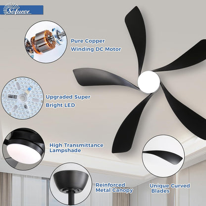 Sofucor Plafondventilator met verlichting en afstandsbediening, DC, 132 cm, 5 vleugels, timer, 3 kleurtemperaturen, 6 snelheden, zomer, winterwerking, stille plafondventilator met licht voor