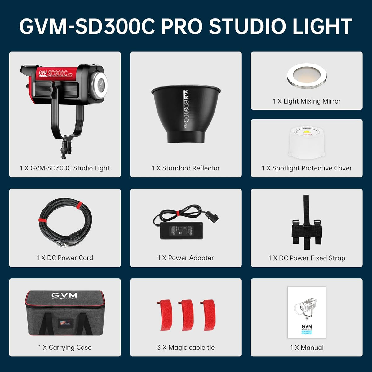 GVM 300C RGB videolamp, 300W Bowens LED studiolamp 2000K-10000K fotografielamp met DMX, 48200 lux/m COB videoverlichting voor het filmen van YouTube, 16 lichteffecten, RGB videolamp Videolicht