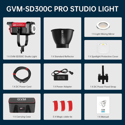 GVM 300C RGB videolamp, 300W Bowens LED studiolamp 2000K-10000K fotografielamp met DMX, 48200 lux/m COB videoverlichting voor het filmen van YouTube, 16 lichteffecten, RGB videolamp Videolicht