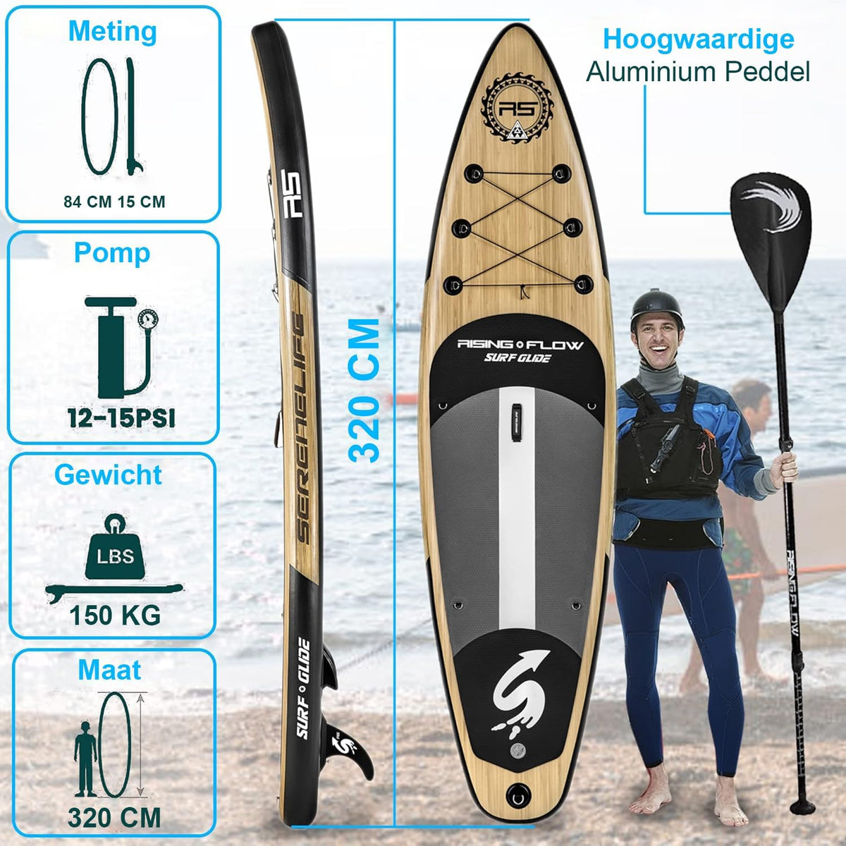 SereneLife Opblaasbaar Stand-Up Paddleboard - Antislip SUP Paddle Board met Peddel, Pomp, Leash en Accessoires - voor Volwassenen en Jeugd - QUORE