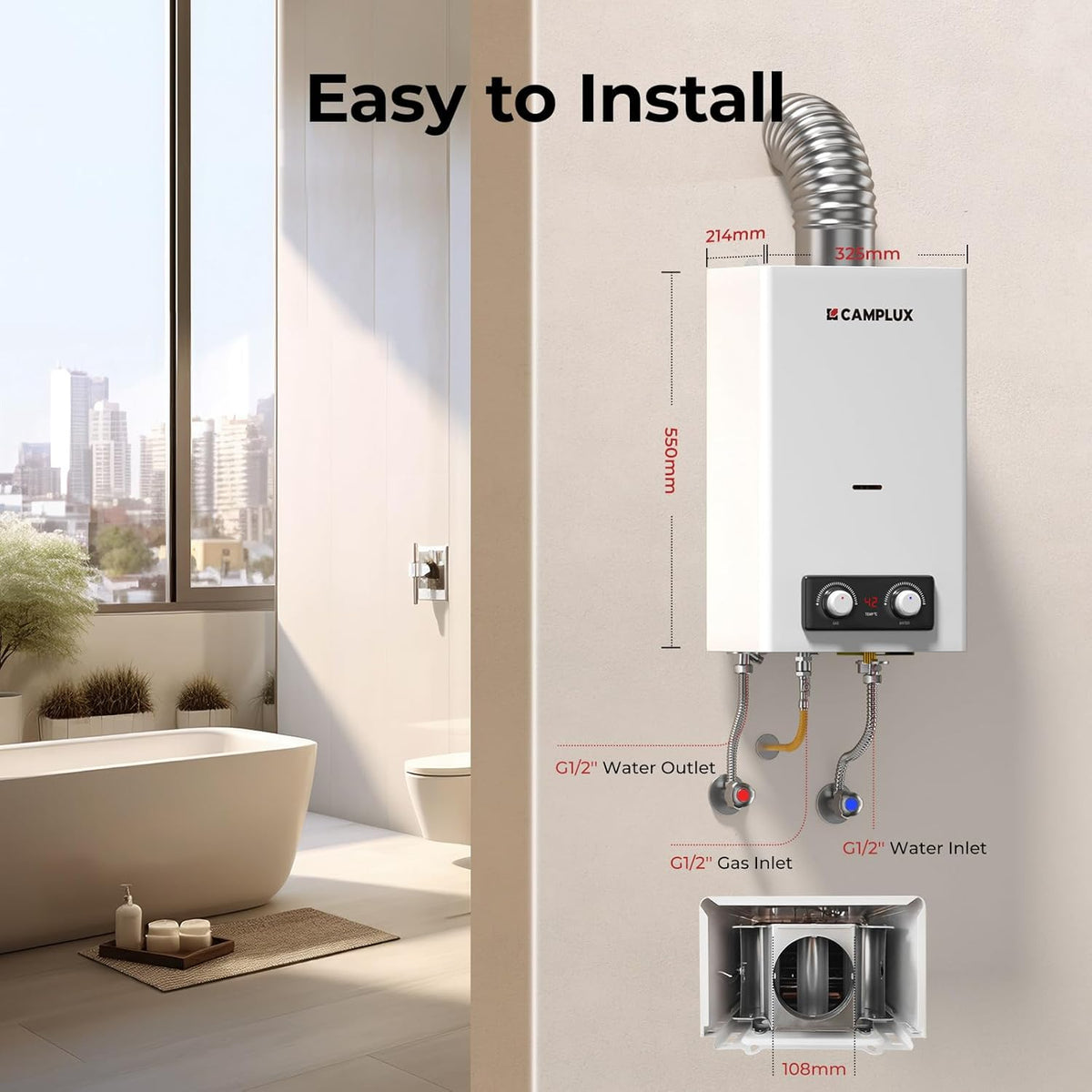 CAMPLUX BD300 11 liter gasboiler, lage NOx/ErP, indoor gasdouche voor keuken/badkamer, butaan (28-30 mbar)/propaan (37 mbar), LPG, 3V, 22kW
