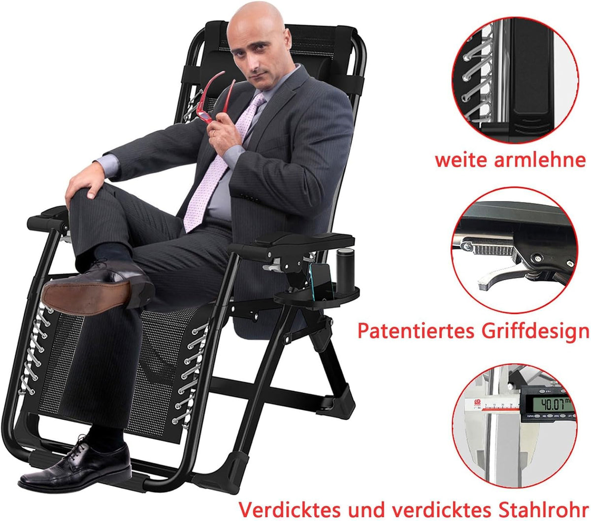 Zero Gravity stoel, inklapbare ligstoel, ondersteunt tot 200 kg fauteuil, Opvouwbare Zonneligstoel ligstoel, inklapbaar, met bekerhouder, kussen,hoofdsteun, voor Tuin, Terras of Balkon 83cm