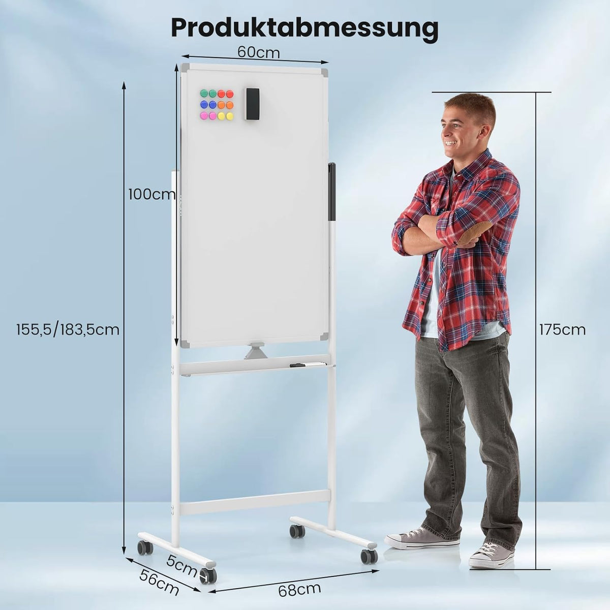 FANTASK Dubbelzijdig mobiel whiteboard, 60 x 100 cm, in hoogte verstelbaar magnetisch whiteboard met wieltjes, standaard en pennenbakje, incl. accessoires voor school, kantoor, thuis (wit)