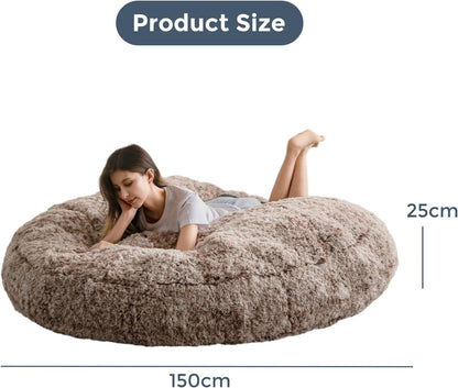 MAXYOYO Gigantische zitzakbed - ronde zitzakstoel - grote bank met lange hoes van imitatiebont en pluizige vulling inbegrepen voor volwassenen, stellen, gasten (koffiebruin, 150 x 150 cm)
