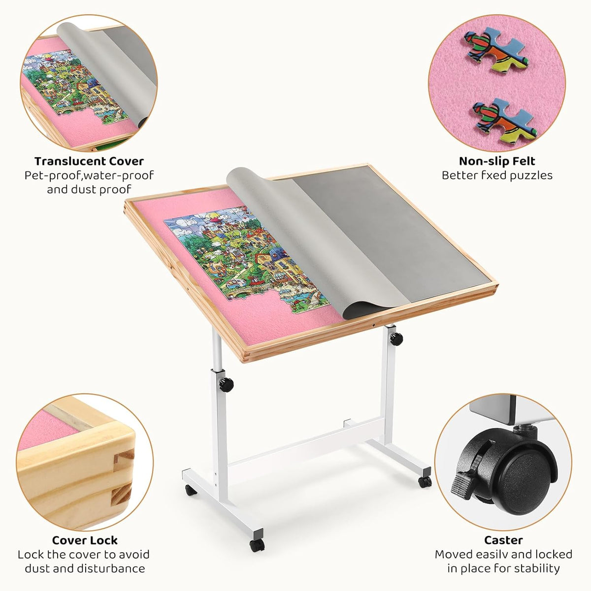 Jigsaw Puzzeltafel, puzzelplank 1500 delen, puzzelplank met kleurrijke laden en afdekmat, bordspel, puzzeltafel met vilten werkblad voor volwassenen (roze, geen laden)