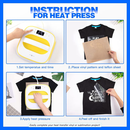 HTVRONT Warmtepersmachine voor T-shirts, draagbare warmtepers 10 "X10", ijzeren pers voor sublimatie en HTV-vinylshirt persmachine voor hoed, tassen, verwarmingsoverdrachtprojecten (geel)