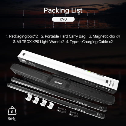 VILTROX K90 2 Pack RGB Tube Light, 30W 38 inch Grote RGBWY Fotografie LED Video Stick Light Wand met APP/2.4G/Afstandsbediening, CRI 97+, 26 scènes, 2500K-8500K, 14.8V/3300mAh batterij, magnetische
