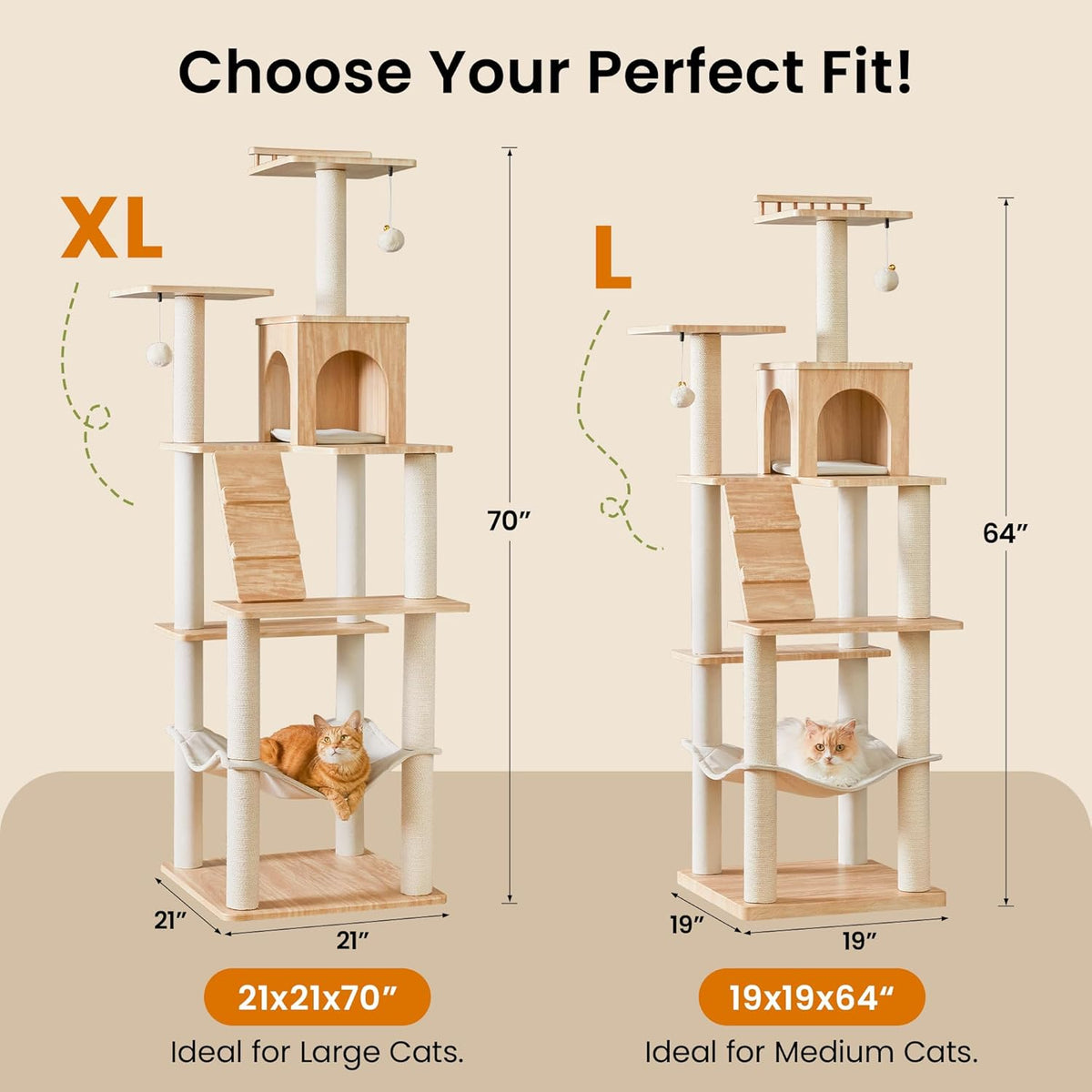 Grote Moderne Kattenboom - 178 cm Hoge Speeltoren voor Katten, Kattenmeubel met 7 Volledig Omwikkelde Krabpalen, 2 Ruime Platforms, Hangmat, Afneembaar Kussen en Pluche Ballen, Lichtbruin