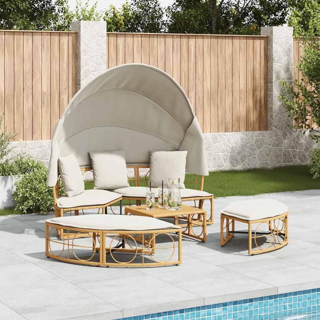 Zonnebed – Ligbed Buiten – Outdoor Ligstoel – Relaxstoel Tuin – Loungestoel Balkon – Polyrotan – Met Luifel – Comfortabele Kussens – Weerbestendig