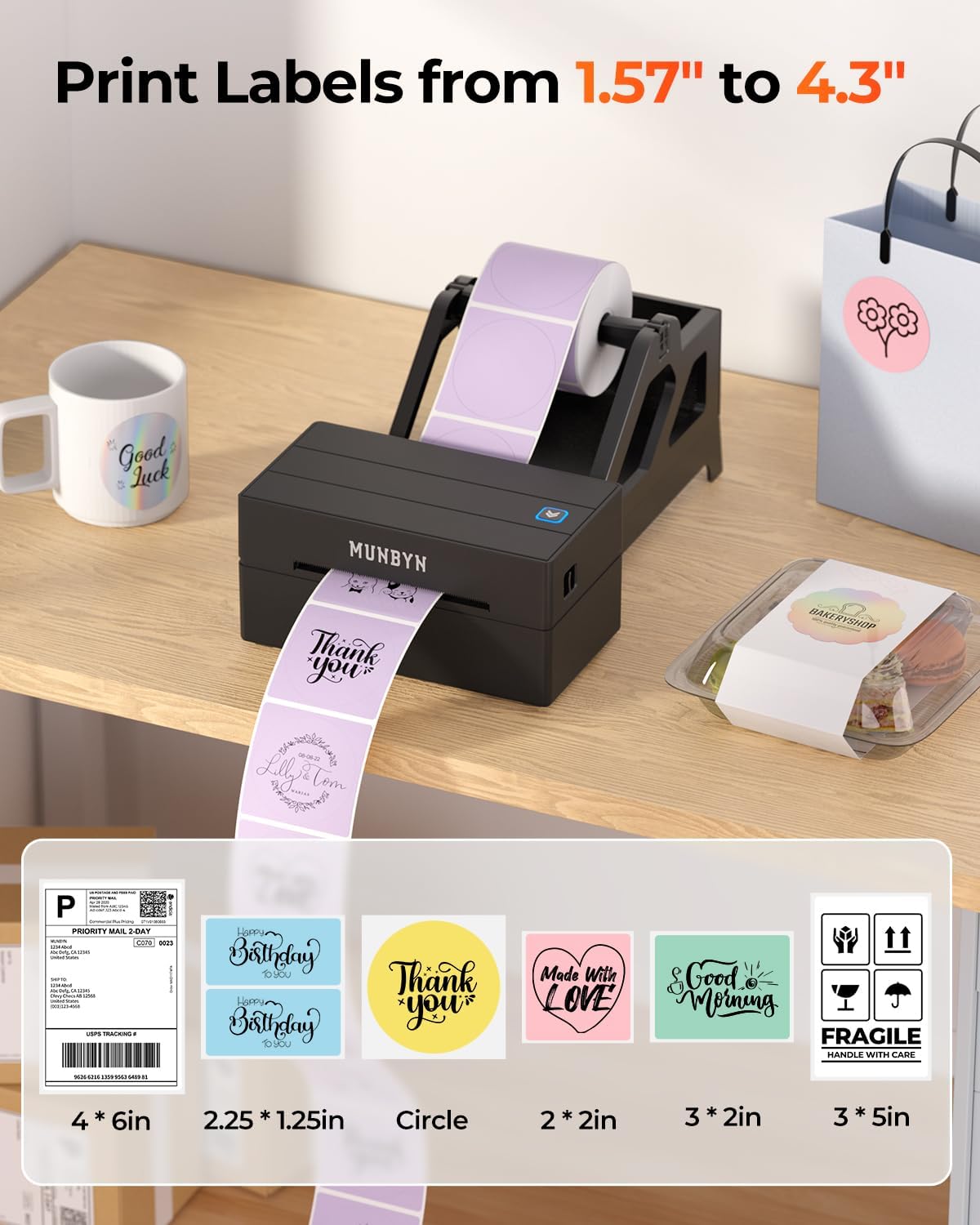 MUNBYN Labelprinter Bluetooth 4x6, Thermische Labelprinter, Ideaal voor kleine bedrijven en thuisgebruik, Compatibel met iOS, Android, Windows, Chromebook, DHL en UPS, Zwart
