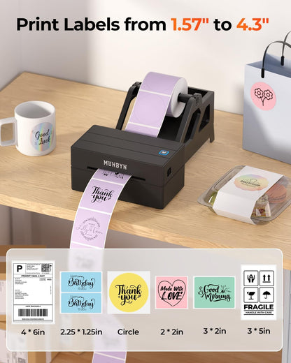 MUNBYN Labelprinter Bluetooth 4x6, Thermische Labelprinter, Ideaal voor kleine bedrijven en thuisgebruik, Compatibel met iOS, Android, Windows, Chromebook, DHL en UPS, Zwart