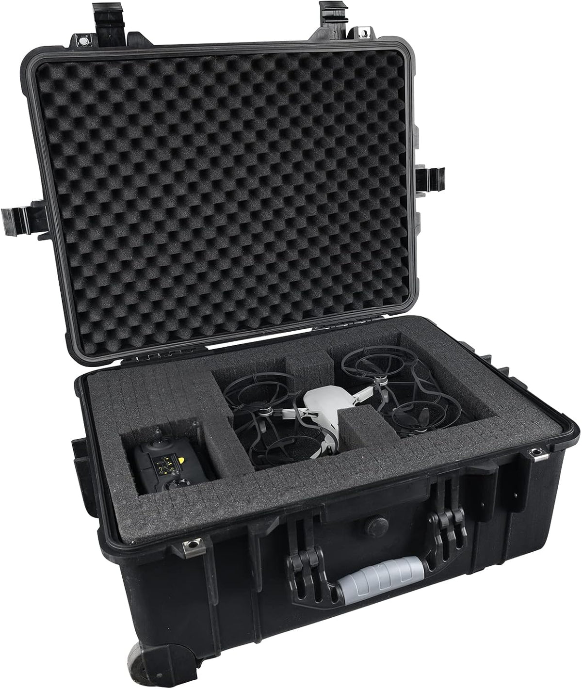 MEIJIA All Weathe waterdichte harde hoes met intrekbare trekgreep en rollende wielen, aanpasbare pasvorm schuim ingevoegd, geschikt voor camera, drones, apparatuur, elegant zwart, Zwart, 22"X13.81"X9