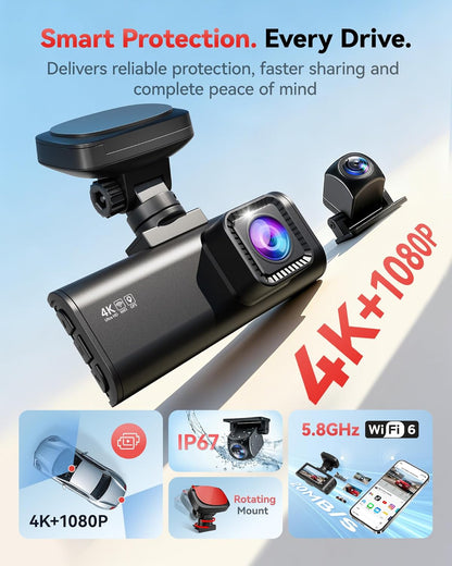 Dubbele Dashcam – Dashboardcamera – Autocamera – Auto Camera – Rijcamera – 4K Voorcamera en 1080P Achtercamera – 170° Groothoek met WiFi en GPS