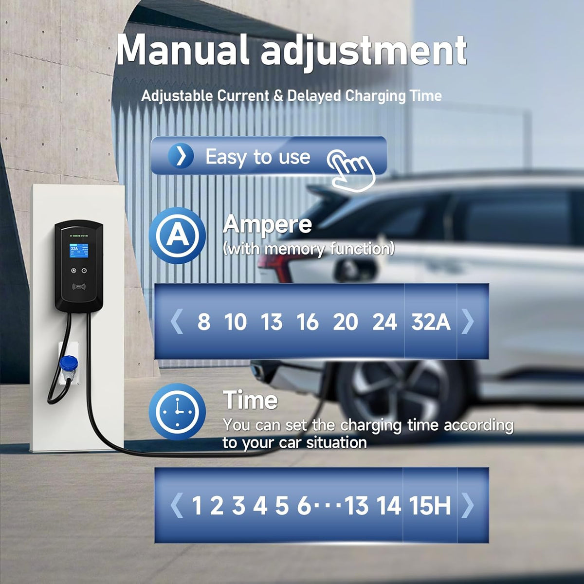 EV-oplader Type 2 – Laadkabel EV – Mobiele Lader – Wallbox Oplader – EV Laadstation – Instelbare Stroom 8-32A – Weerbestendig IP65