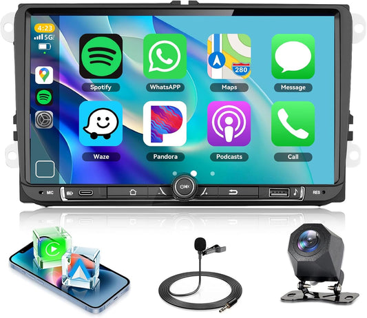 4 + 64 G:Hodozzy Carplay Display for VW Golf Polo, Skoda Passat with USB A/USB C, 9 Inch Touch Screen VW Car Radio with Android Auto/WiFi/GPS/RDS/FM/Bluetooth/DSP with Rear View Camera for VW - QUORE