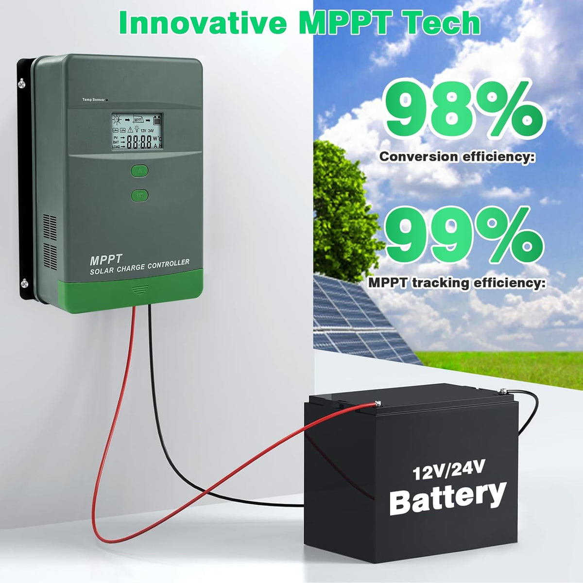 60A MPPT laadregelaar zonne-energie automatische detectie 12V/24V MPPT-laadregelaar LCD-digitaal display maximale nullastspanning van het zonnepaneel 100 V, dual USB, grijs-groen