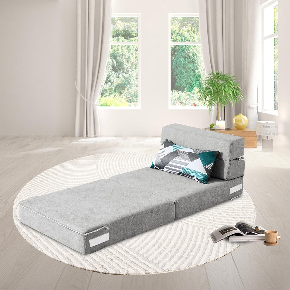 ANONER Memory Foam Folding Sofa Bed with Cushion Twin Size Futon Sleeping Chair for Living Room Apartment (Single, Light Grey) - QUORE
