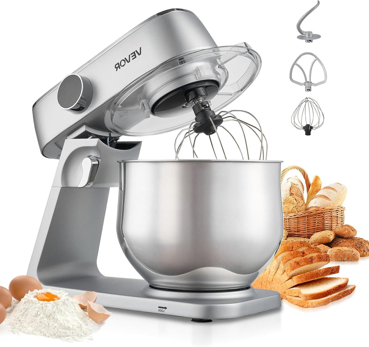 Keukenmachine – Keukenmixer – Keukenrobot – Foodprocessor – Mixer – 7,4L RVS Mengkom – 1800W Motor – 10 Snelheden – Inclusief Deeghaak, Garde En Platte Mengklopper