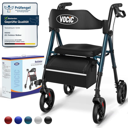 VOCIC Rollator, opvouwbaar en licht, met zitje, rollatoren voor senioren, inklapbaar, met 20 cm banden voor alle terreinen, zitje en handgreep, in hoogte verstelbaar, groen