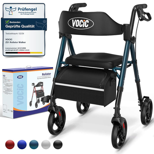 VOCIC Rollator, opvouwbaar en licht, met zitje, rollatoren voor senioren, inklapbaar, met 20 cm banden voor alle terreinen, zitje en handgreep, in hoogte verstelbaar, groen