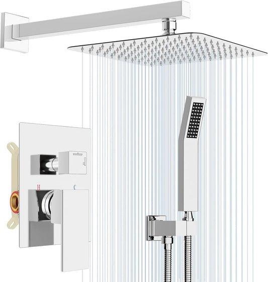 Rainsworth Verborgen doucheset, badkamer luxe regendouche combo set, 10 inch regendouchekop, roestvrij staal en messing, chroom