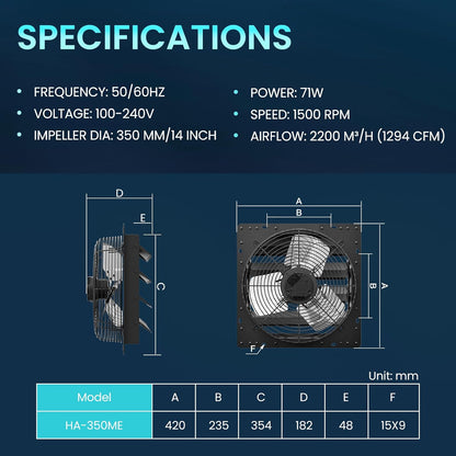 Afvoerluchtventilator – Afzuigventilator, Wandventilator, Raamventilator, Industriële Ventilator – 350 Mm – EC-Motor – Tot 2200 m³/uur – Traploos Regelbaar
