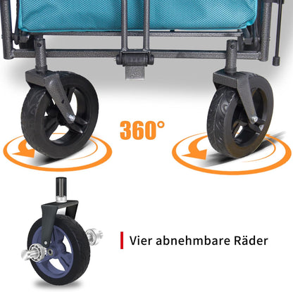 Opvouwbare bolderwagen Hemelsblauw – Bolderkar – Handwagen – Transportwagen – Strandkar – 2 klapstoelen met veiligheidsgordels en dak – 180L capaciteit, draagvermogen 120 kg