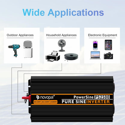 Zuivere sinusomvormer – Spanningsomvormer – Auto-omvormer – Camper-omvormer – 24V DC naar 230V/240V omvormer – 2500 W continu vermogen, 5000 W piekvermogen – 2 AC-Stopcontacten en 5 m afstandsbediening